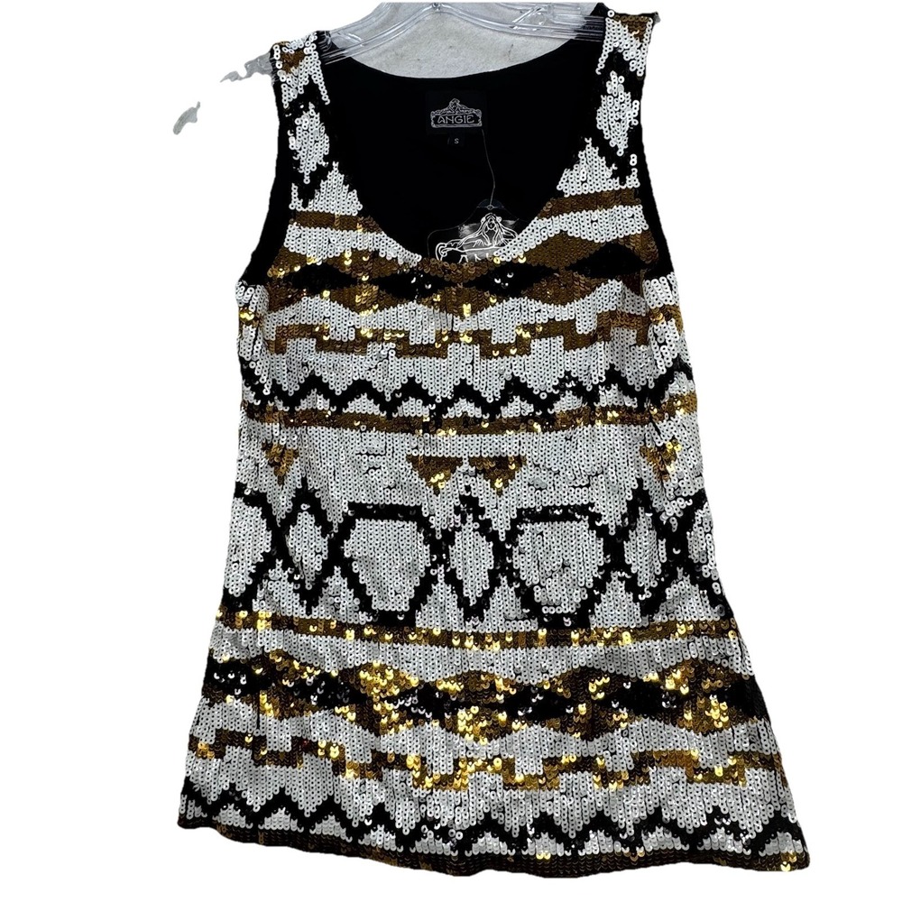 NWT Angie All-Over Sequin Tank‎ Top Sz Small Black Gold Party Cocktail Sparkle